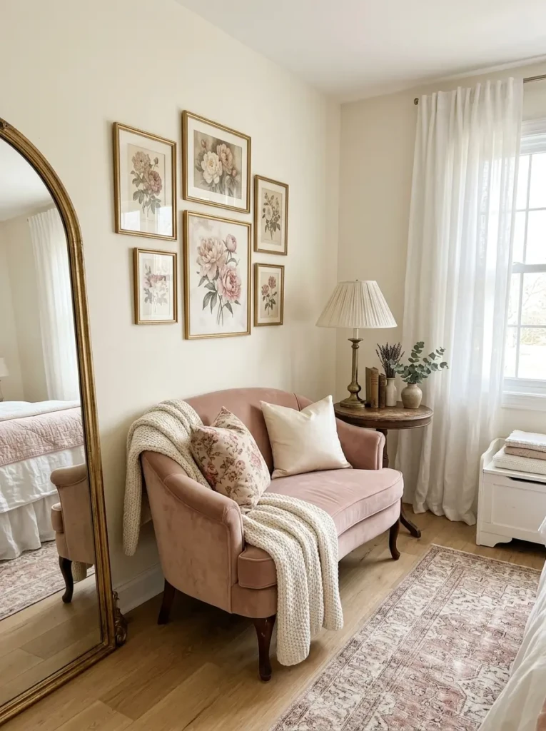 Soft curved settee in a romantic bedroom with an arched mirror, vintage lamp, and gentle pastel tones.
