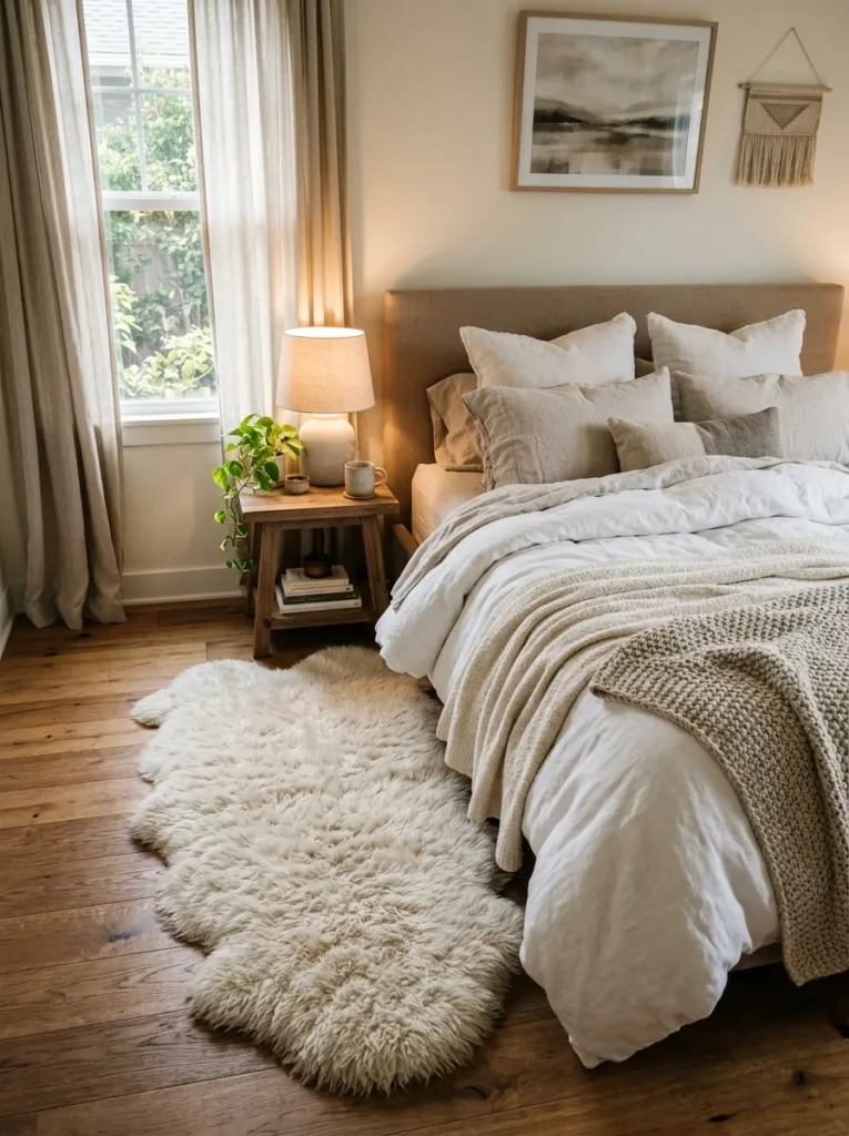 Plush shag rug beside a cozy bed with layered textures and warm decor