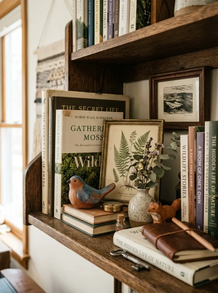 detailed view of stacked books framed art and overlapping decor on styled shelf