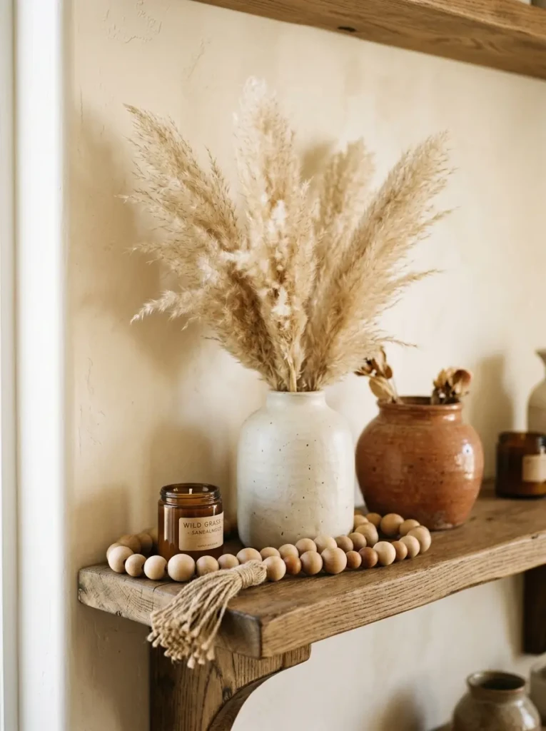 close up of pampas grass ceramic vases and wooden accents on shelf