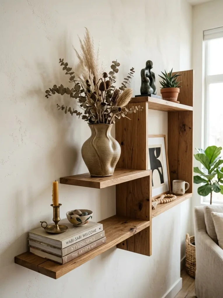 A bathroom shelf styled asymmetrically with one focal piece and supporting decor for a natural feel