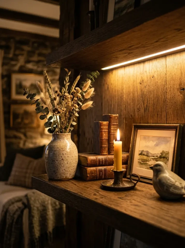 close view of shelf decor highlighted by warm lighting creating cozy mood