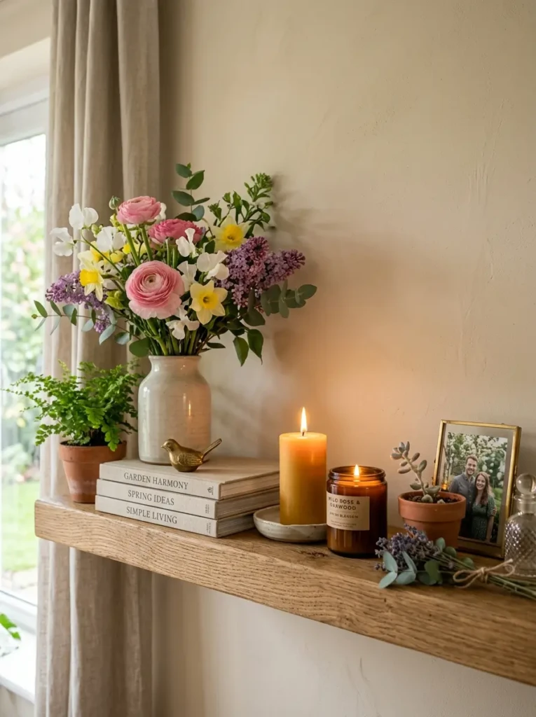 shelf styled with flowers and candles showing seasonal decor changes