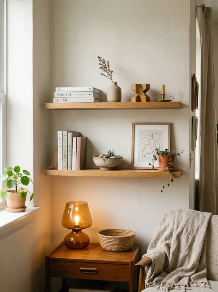 Neutral-toned apartment shelves with books, decor objects, and warm wood finishes.