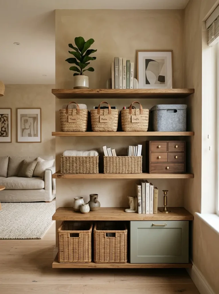 A bathroom shelf using baskets and storage containers to keep clutter hidden while maintaining style