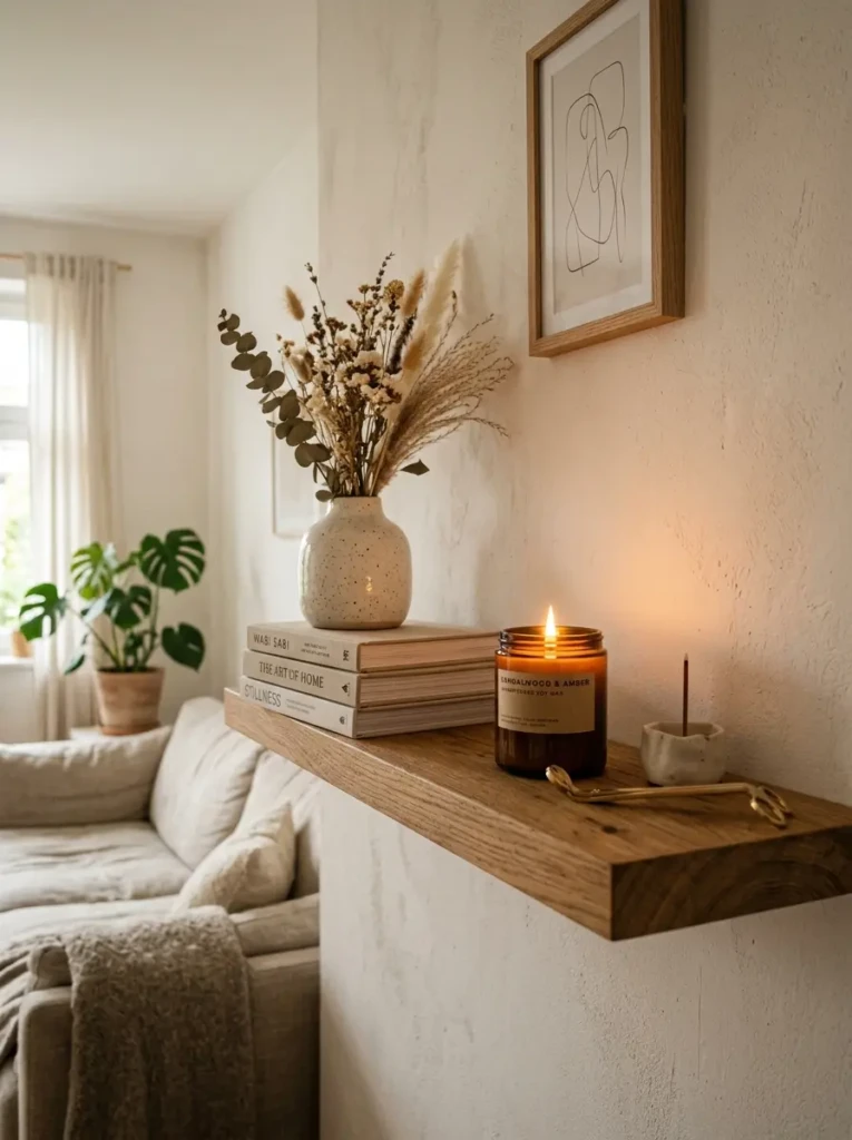 Styled shelf with books, candle, ceramic vase, and elegant cozy decor