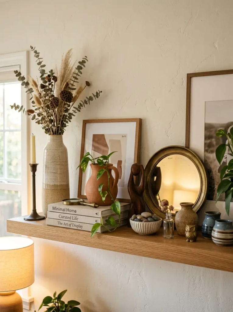 shelf decor arranged with tall vase medium objects and small accents for visual balance