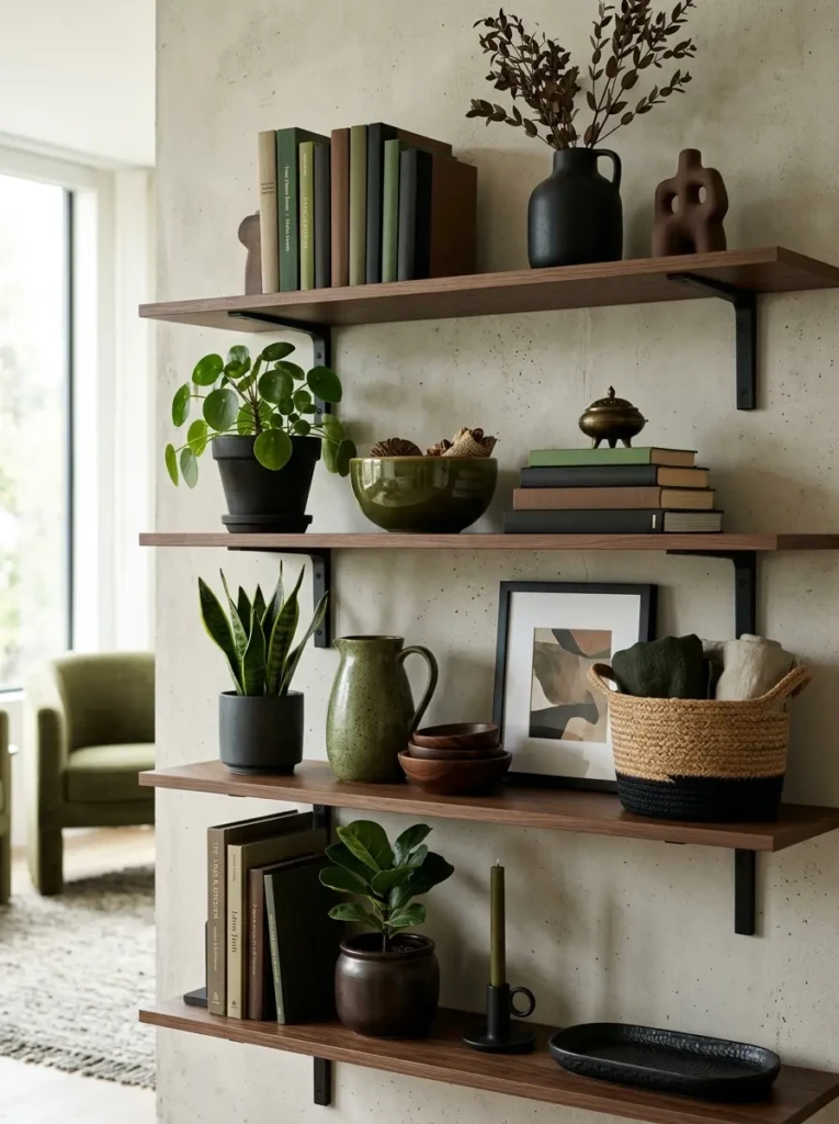 A bathroom shelf featuring green, brown, and black accents for a modern earthy look