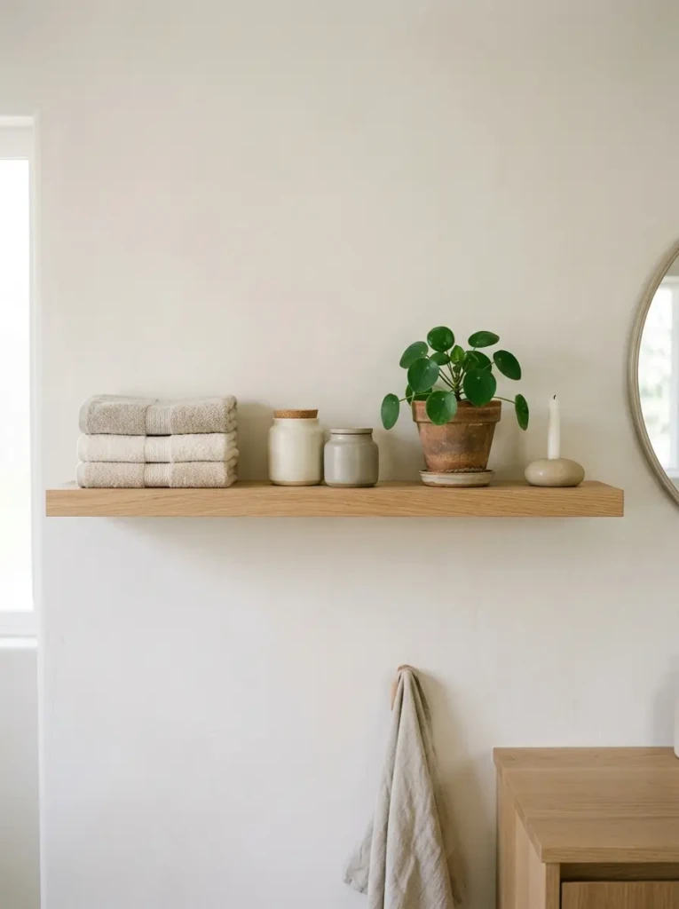 A neatly styled bathroom shelf with a few curated items in soft neutral colors arranged with balanced spacing