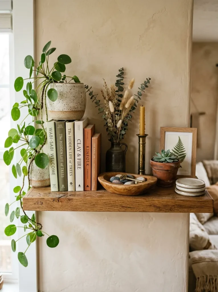 Close-up of a shelf decorated with greenery and earthy-toned objects.