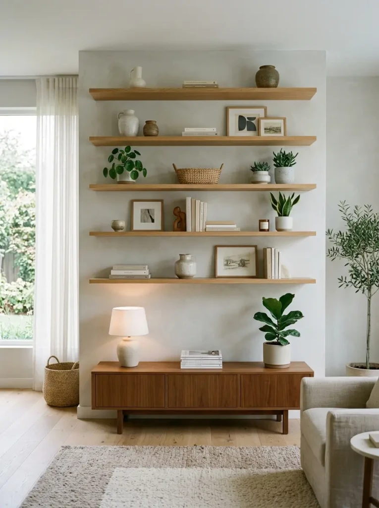 wide view of uncluttered shelves with intentional spacing between decor
