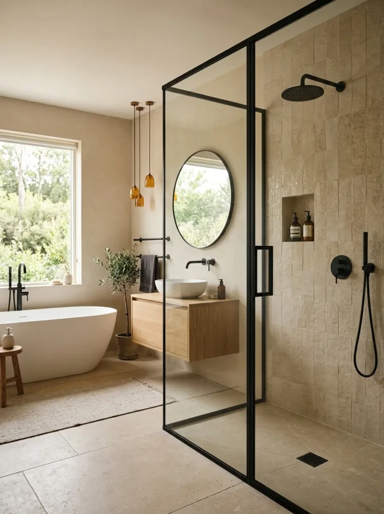 Modern minimalist bathroom with black-framed shower glass and sleek black decor accents.