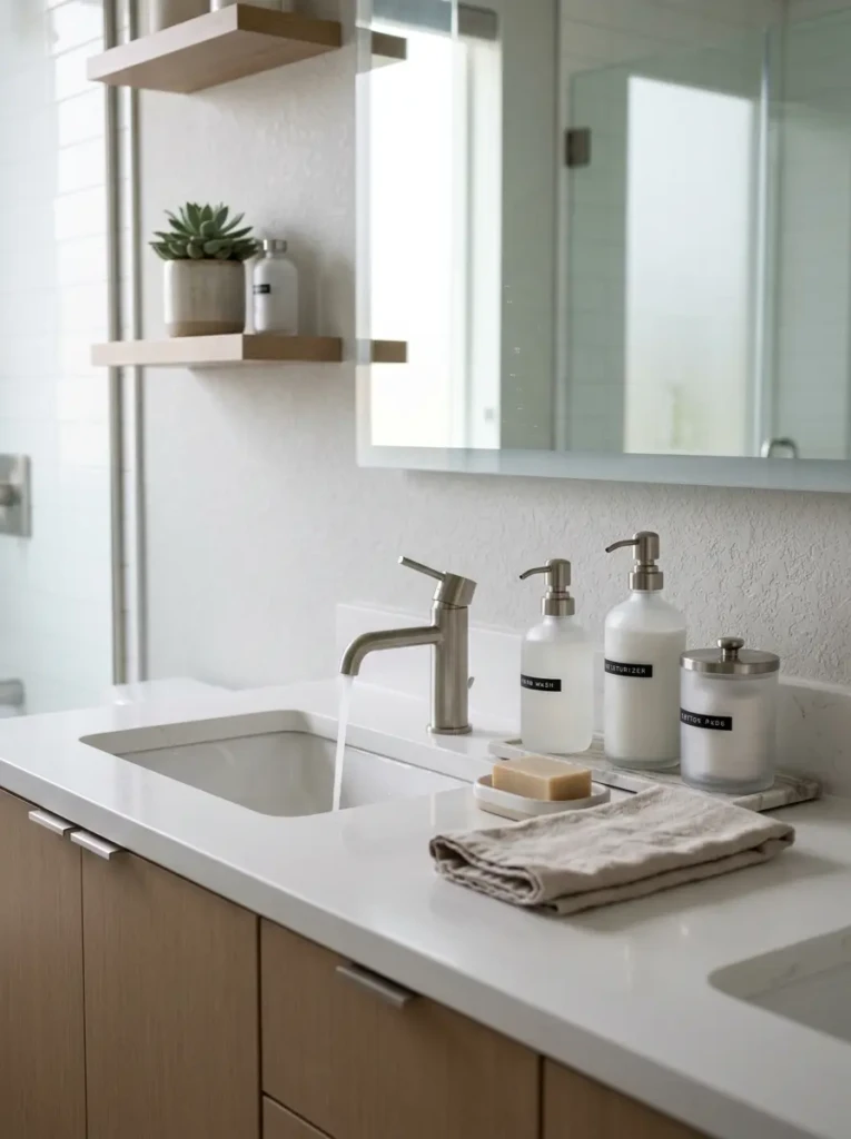 Clean bathroom sink area with frosted glass containers and brushed metal accents