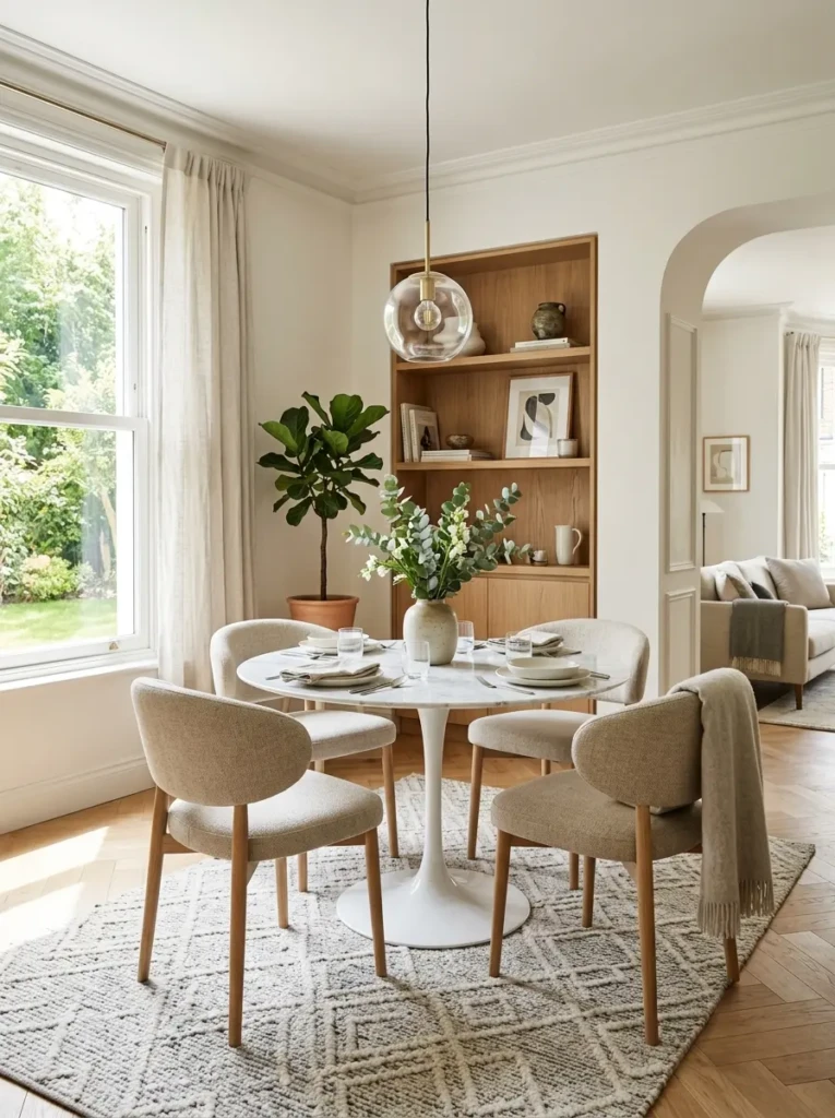Bright small dining room with white round table, pendant light, and modern cozy decor.
