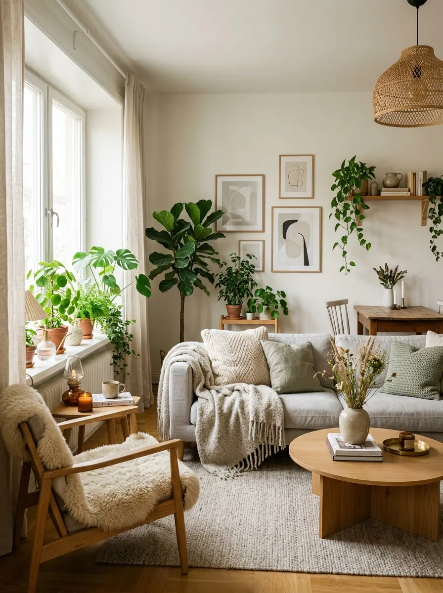 Small apartment filled with plants, textured fabrics, and airy modern decor