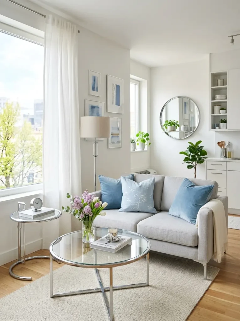 Small modern apartment with blue pillows, chrome accents, and airy decor