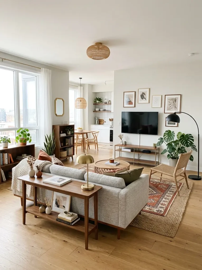 Compact apartment with slim console table, layered rugs, and open-leg furniture