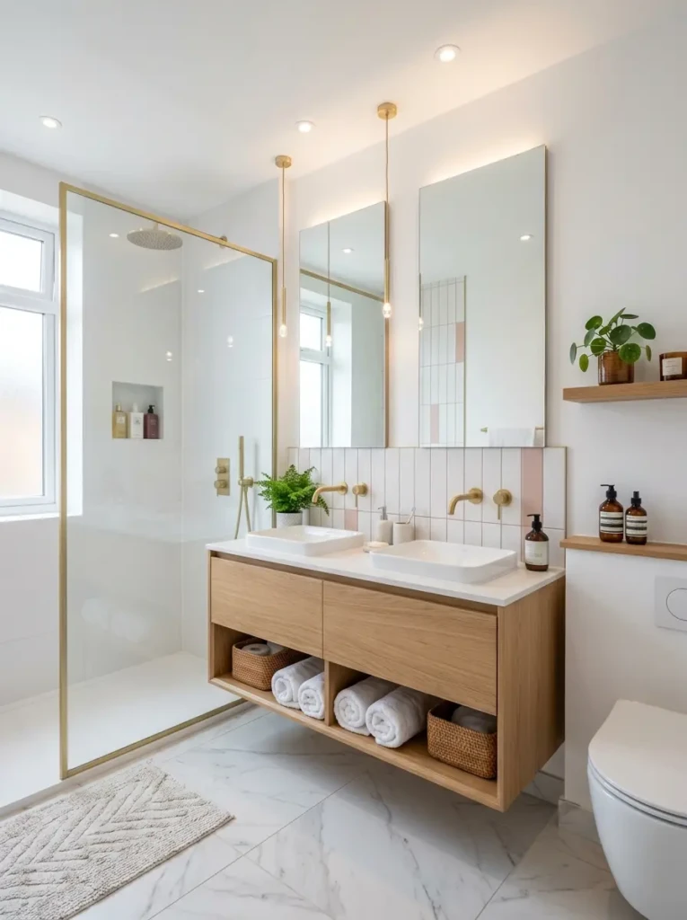 Space-saving double vanity in a small bathroom featuring large mirrors and efficient modern storage solutions.