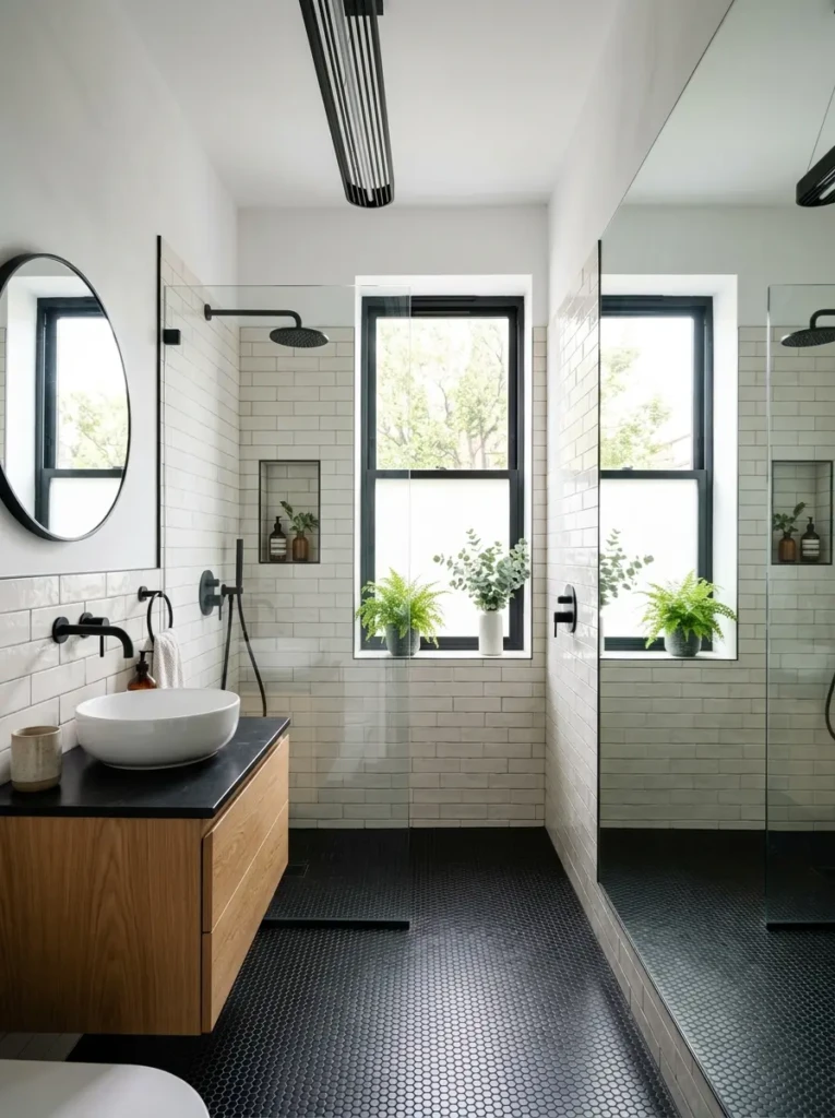 Bright guest bathroom with oversized mirror reflecting natural light throughout the space.