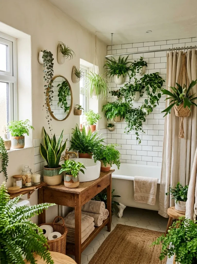 Small bathroom decorated with ferns, snake plants, and ceramic planters