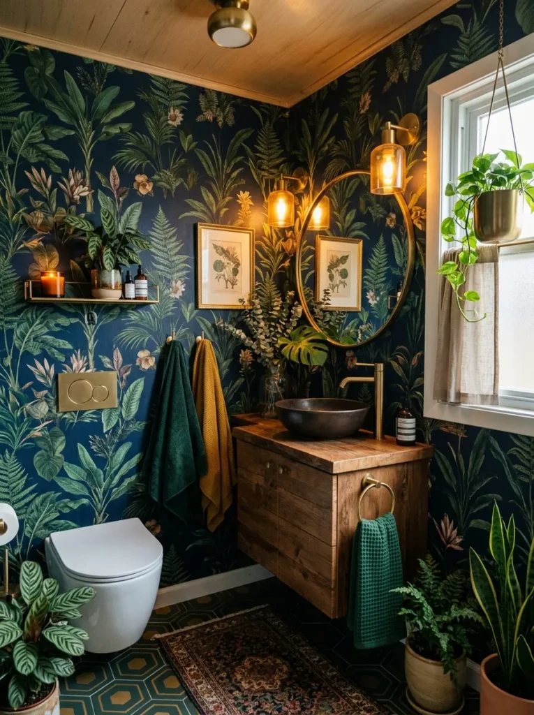 Small bathroom with botanical wallpaper and modern stylish fixtures