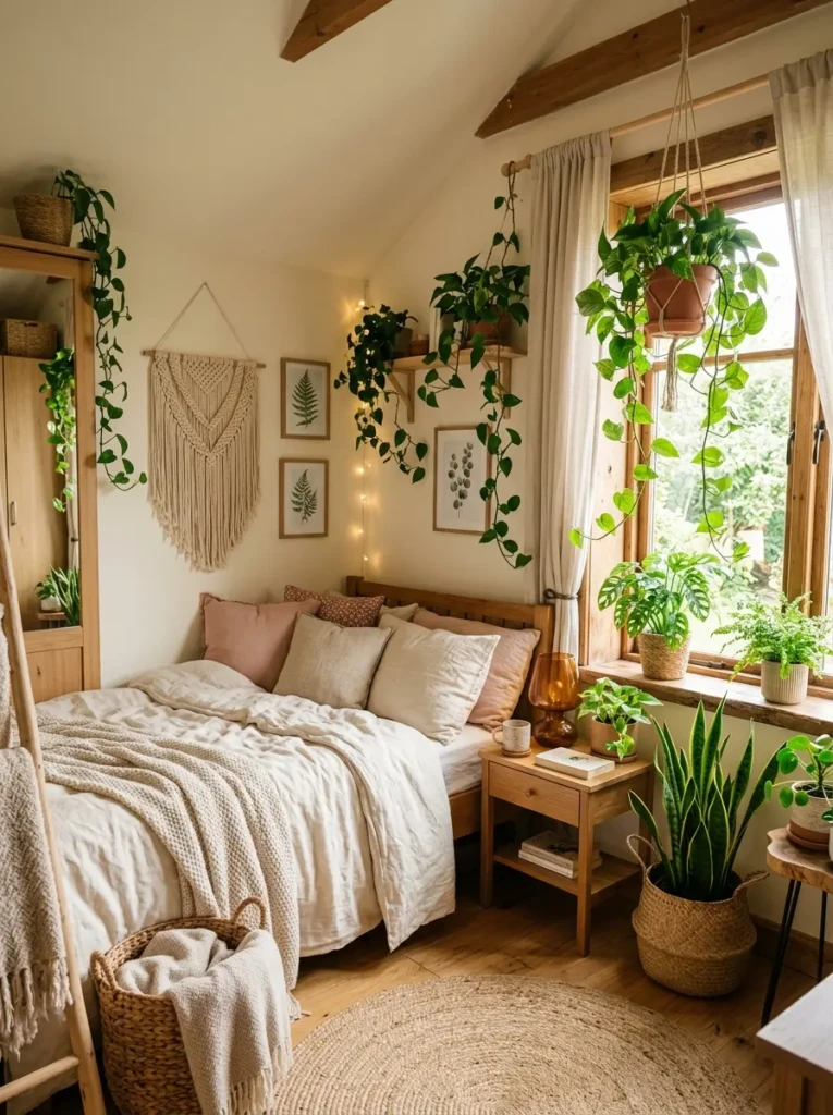 Cozy small bedroom decorated with indoor plants and warm natural light