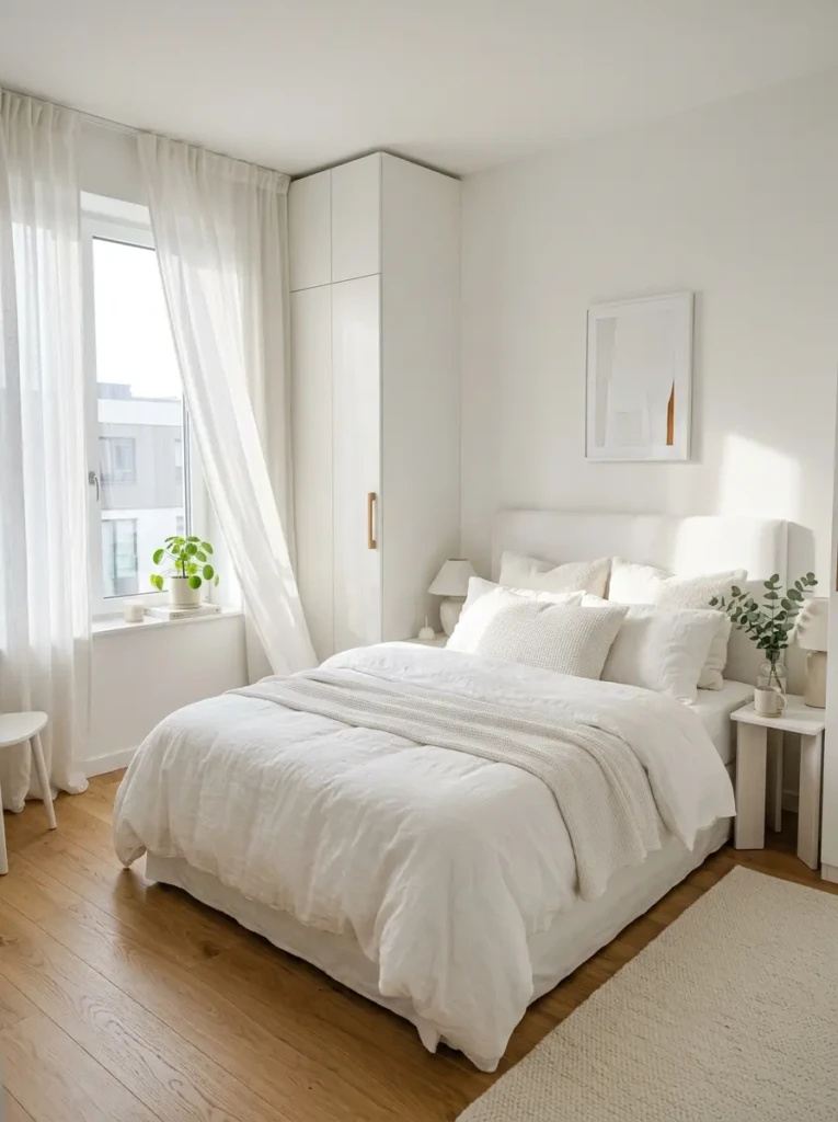 Bright white bedroom with minimalist wardrobe, soft sunlight, and elegant airy decor.