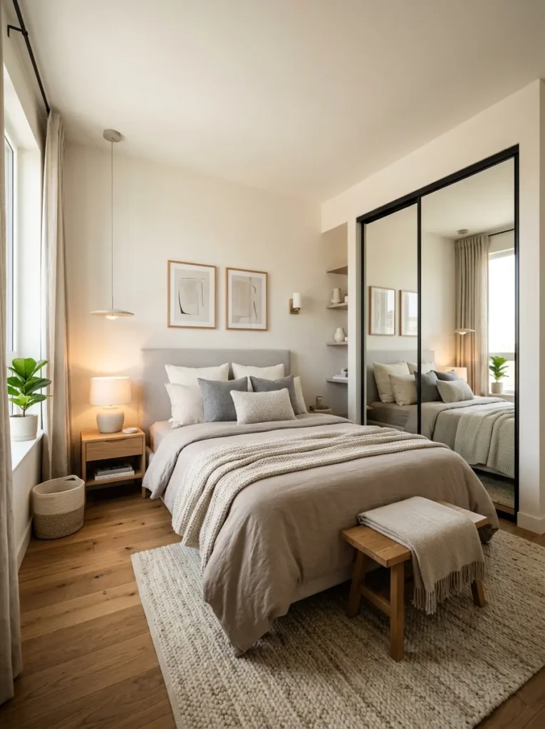 Stylish small bedroom featuring mirrored sliding closet doors, soft lighting, and elegant modern decor.