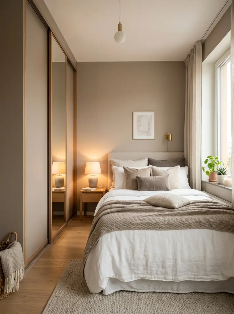 Small modern bedroom featuring elegant sliding wardrobe doors, warm lighting, and cozy layered bedding.
