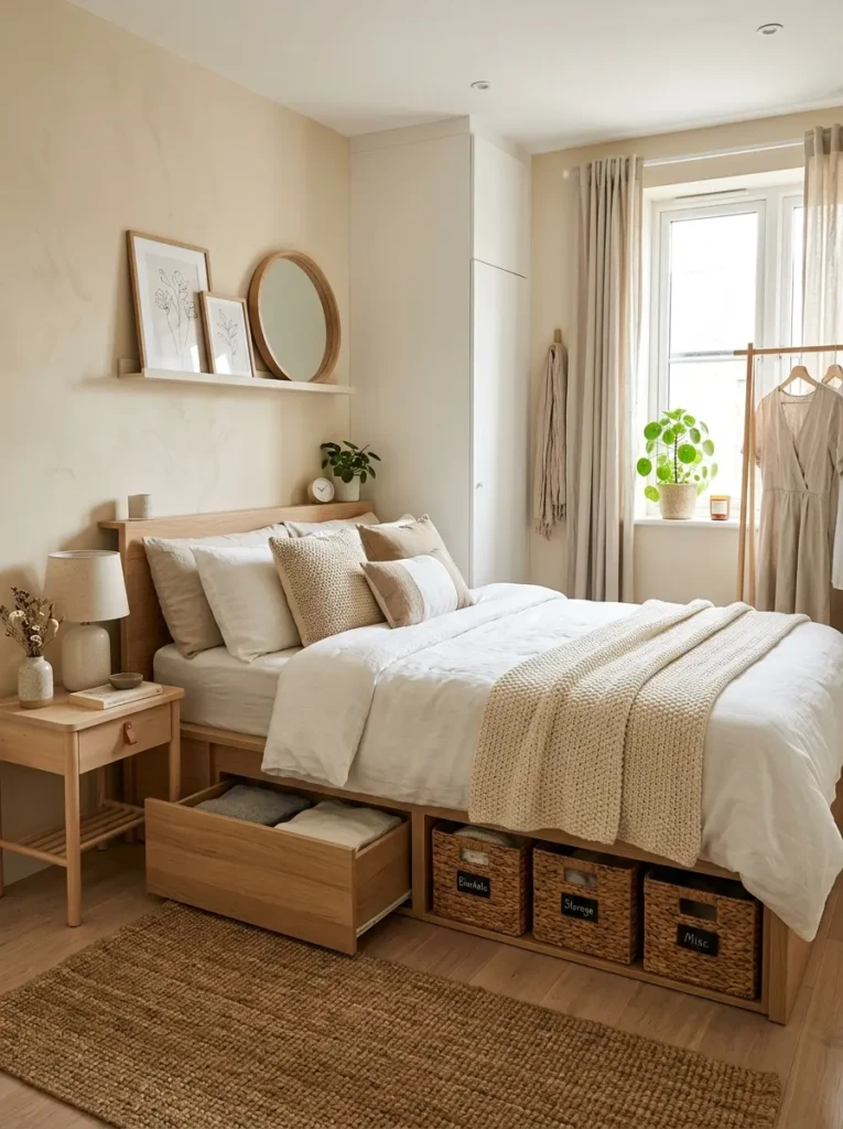 Small cozy bedroom with hidden under-bed storage baskets and neutral decor