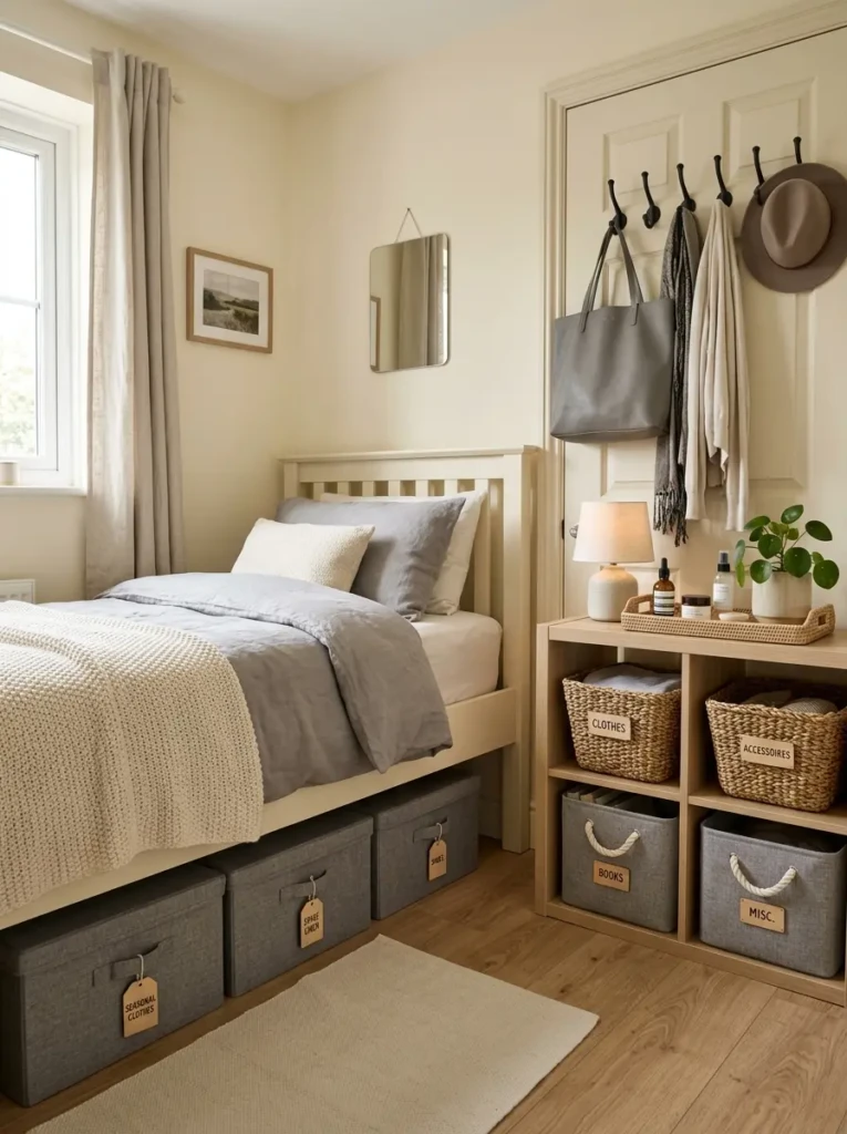 Organized bedroom with woven baskets, fabric bins, under-bed storage, hooks, and tidy surfaces.