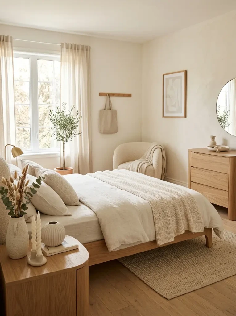 Minimal cozy bedroom with neutral decor and elegant feminine styling