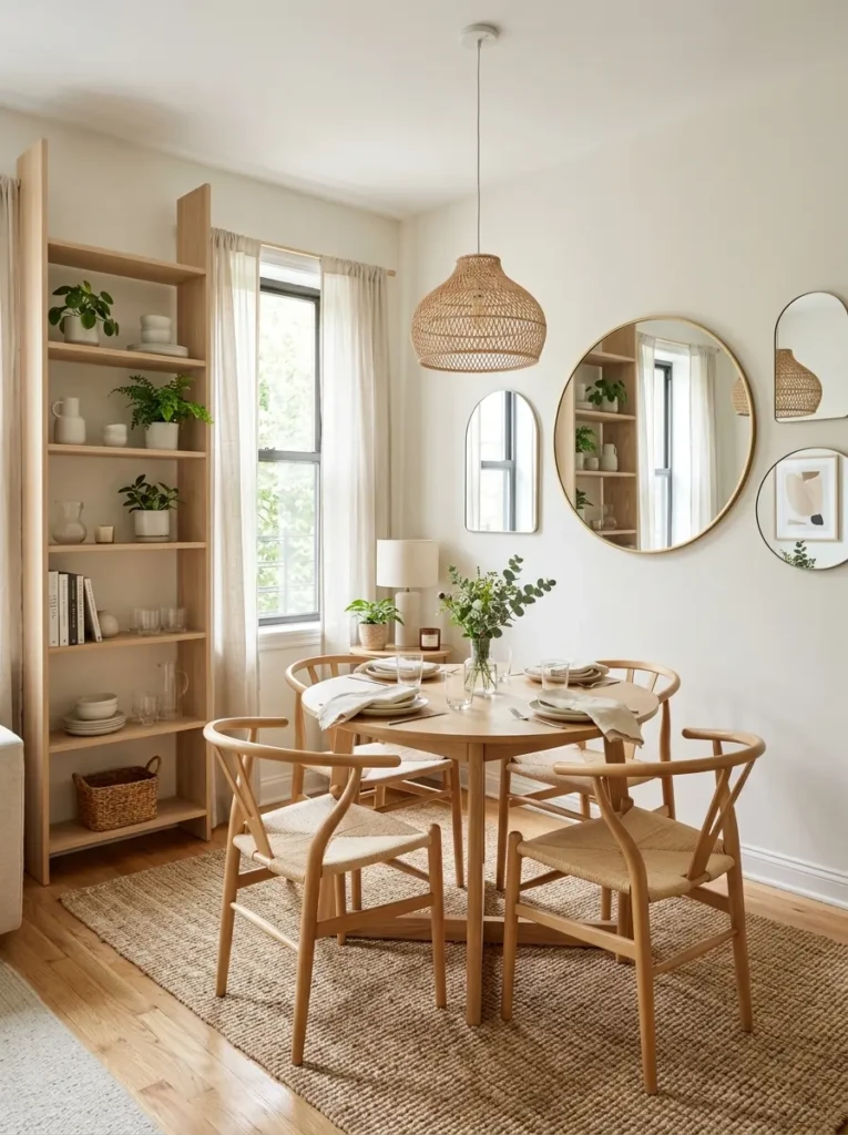 Small dining space with mirrors, round table, and light colors creating an open feel.
