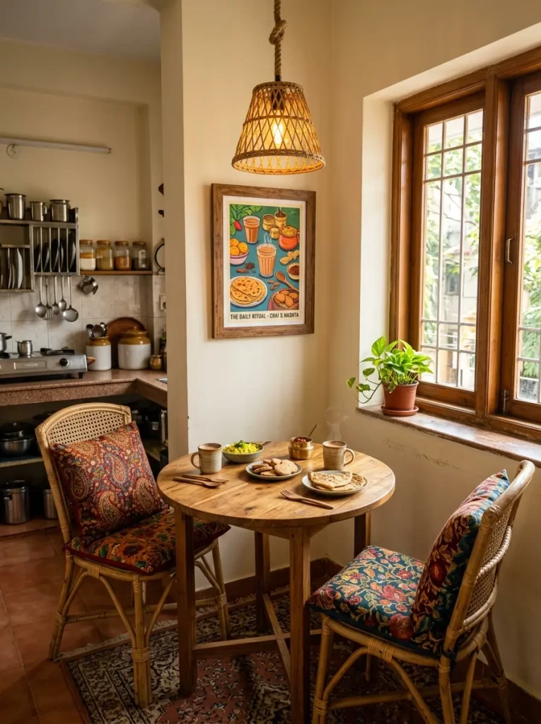 Small Indian kitchen breakfast nook with round wooden table, cane chairs, cushions, pendant light, and framed food art.