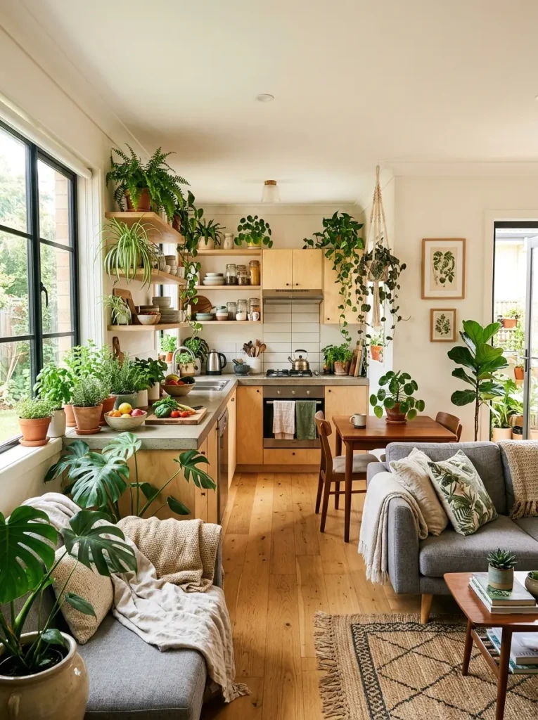Open concept kitchen living room with indoor plants and natural light creating fresh atmosphere