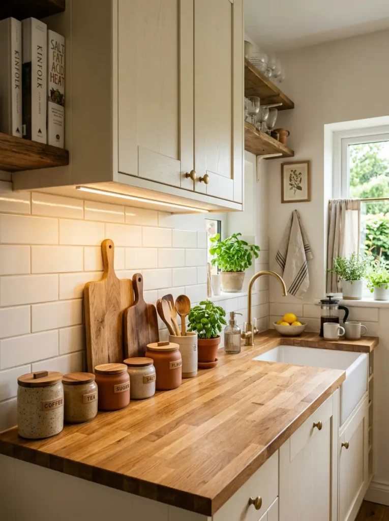 Small minimalist kitchen with ceramic jars, cutting boards, under-cabinet lighting, and organized counters.