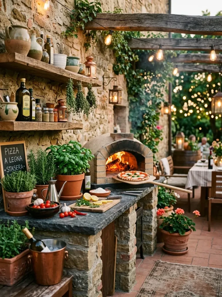 Compact outdoor kitchen with a pizza oven, terracotta planters, and rustic Italian-inspired decor.