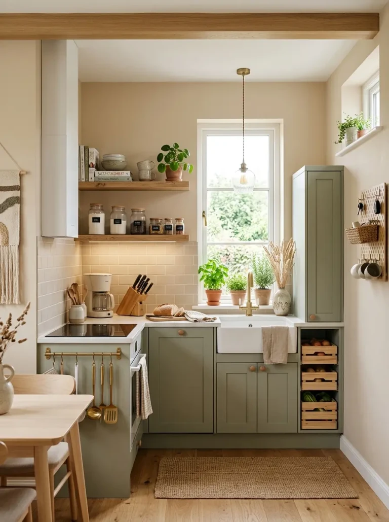Tiny kitchen featuring floating shelves, sage accents, wood textures, and modern compact cabinetry