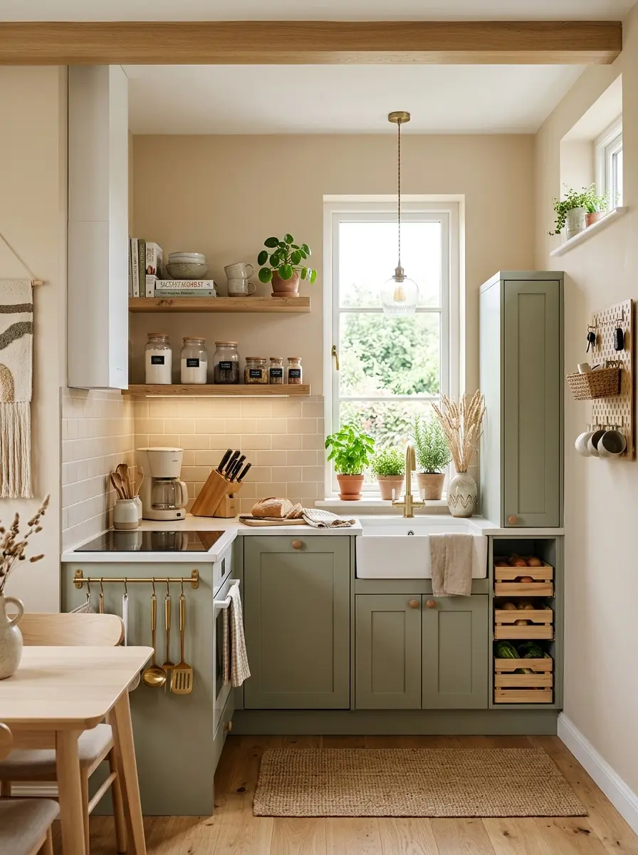 Tiny kitchen featuring floating shelves, sage accents, wood textures, and modern compact cabinetry