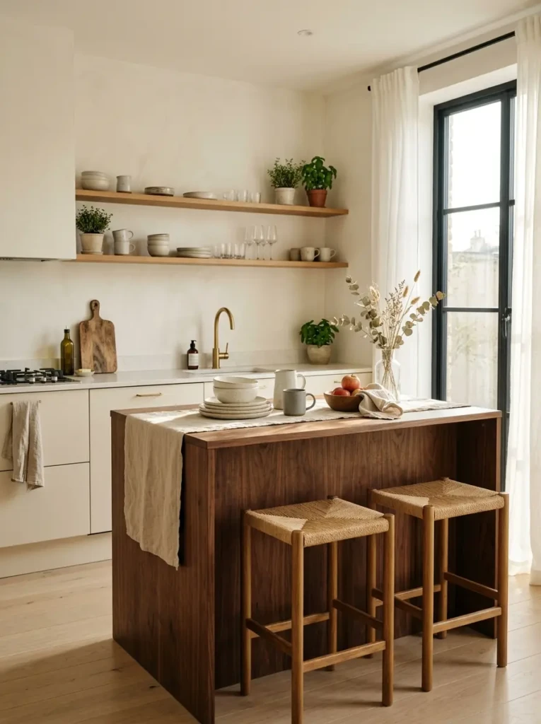 Elegant small kitchen featuring a walnut island, matte ceramics, and soft natural textures.