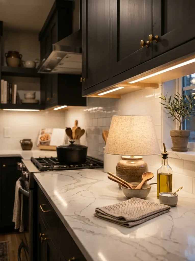 Small lamp and LED lighting adding warmth to a modern kitchen countertop.