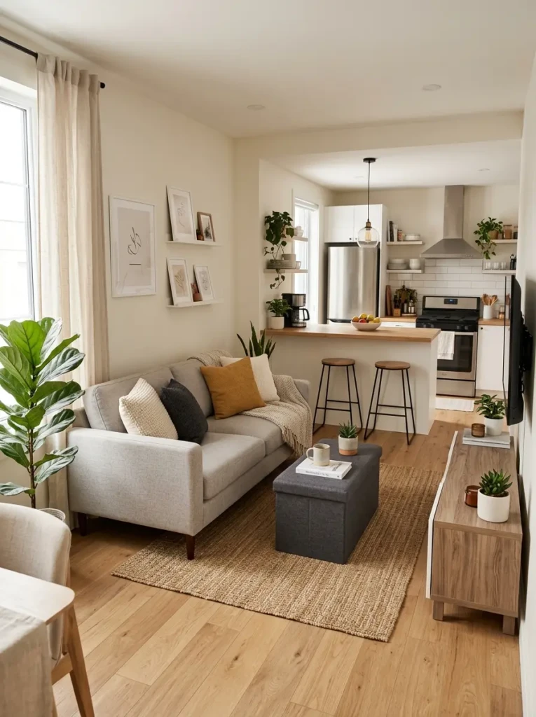 Open kitchen living room with storage ottoman and compact sofa for space-saving design