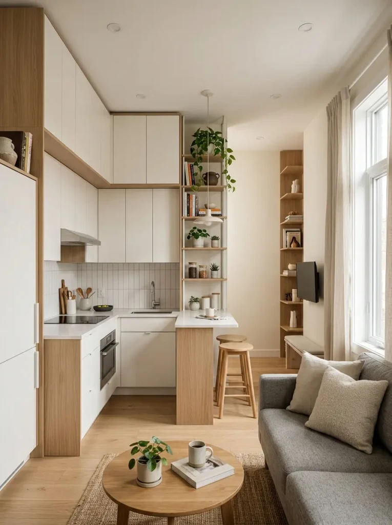 Small open concept kitchen with tall cabinets and vertical storage maximizing space