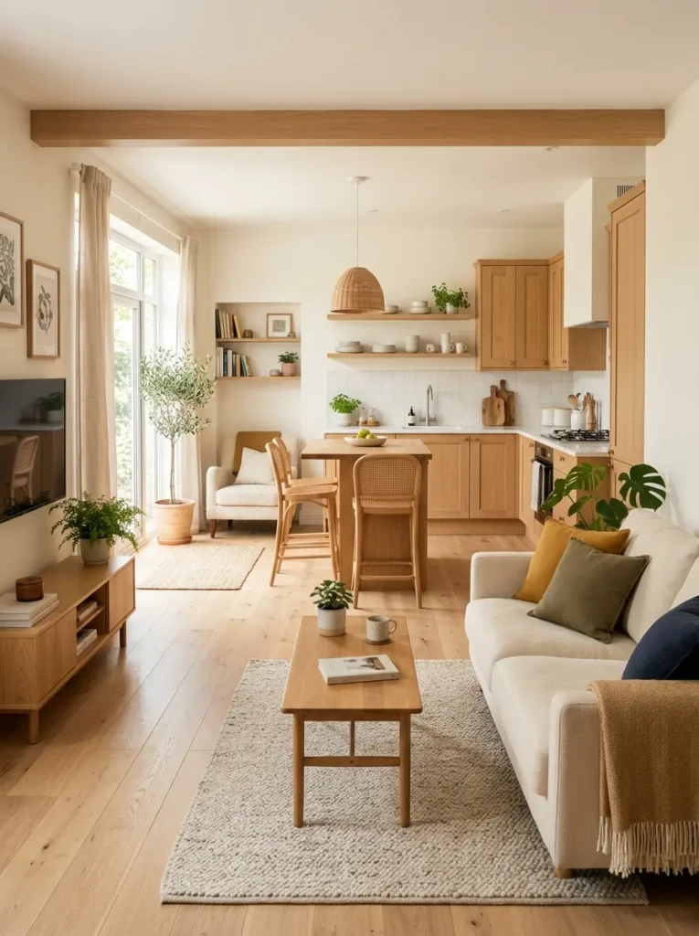 Small open kitchen and living room with seamless light wood flooring and airy design