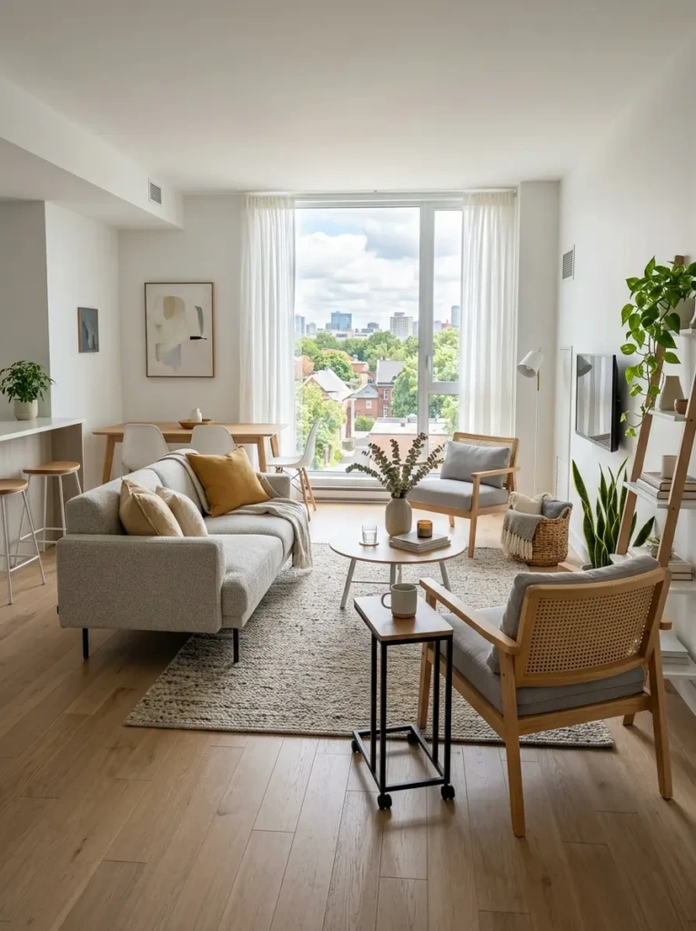 Small open kitchen living room with lightweight furniture and adaptable layout