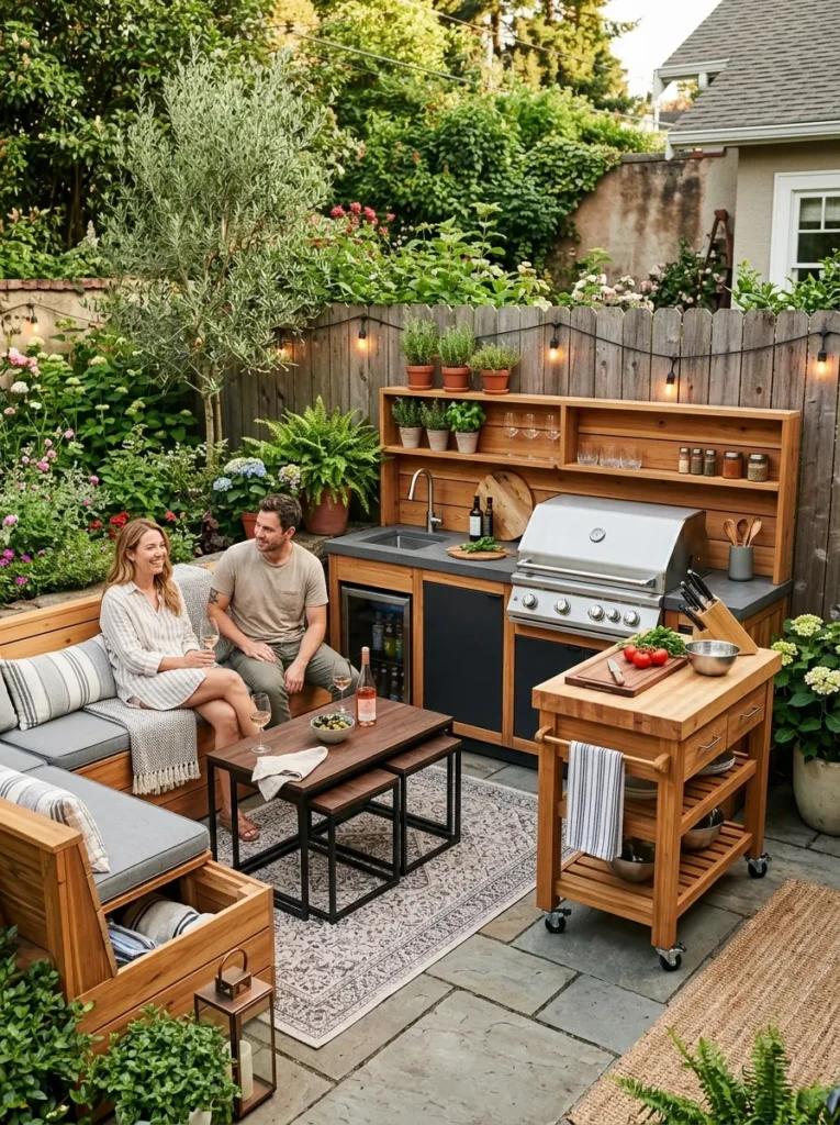 Compact outdoor kitchen with storage benches, rolling prep carts, and smart space-saving furniture.