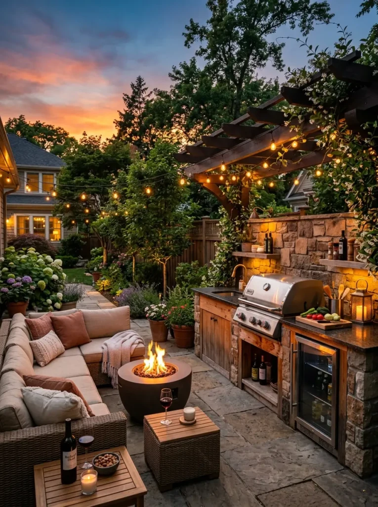 Beautiful small outdoor kitchen with warm lighting, elegant seating, and relaxing backyard ambiance.