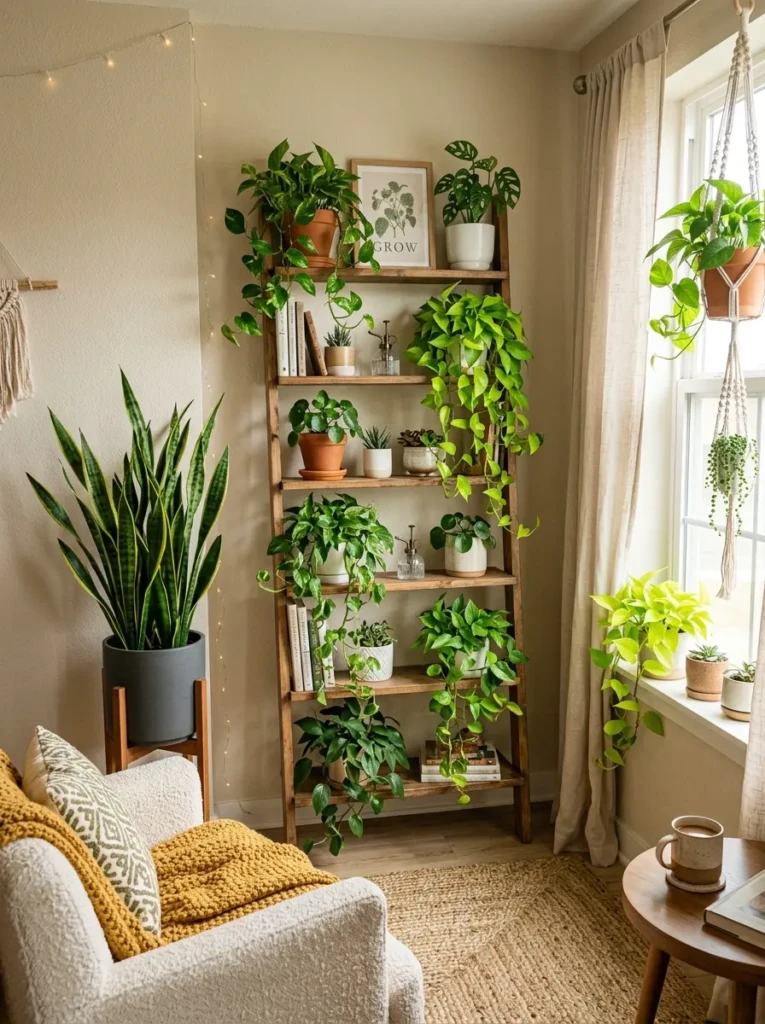 Small cozy room featuring pothos and snake plants styled on shelves and beside windows.
