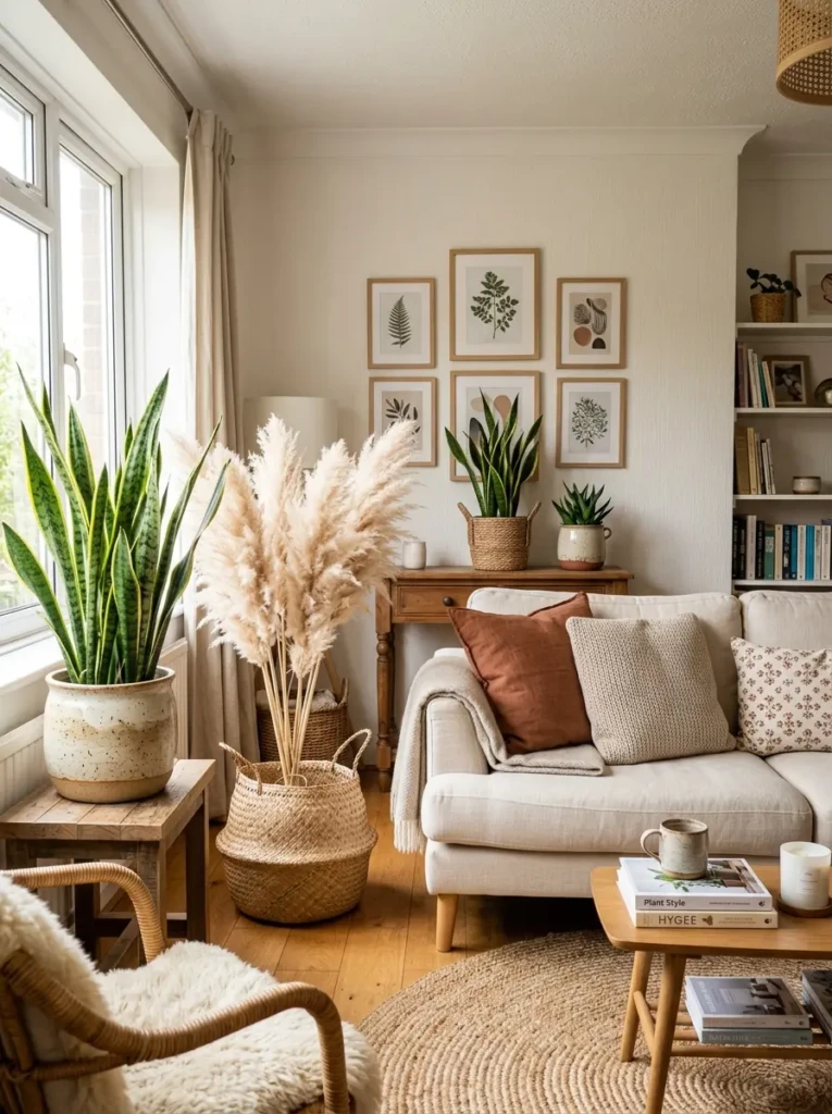 Snake plants and pampas grass styled in woven baskets and ceramic planters.