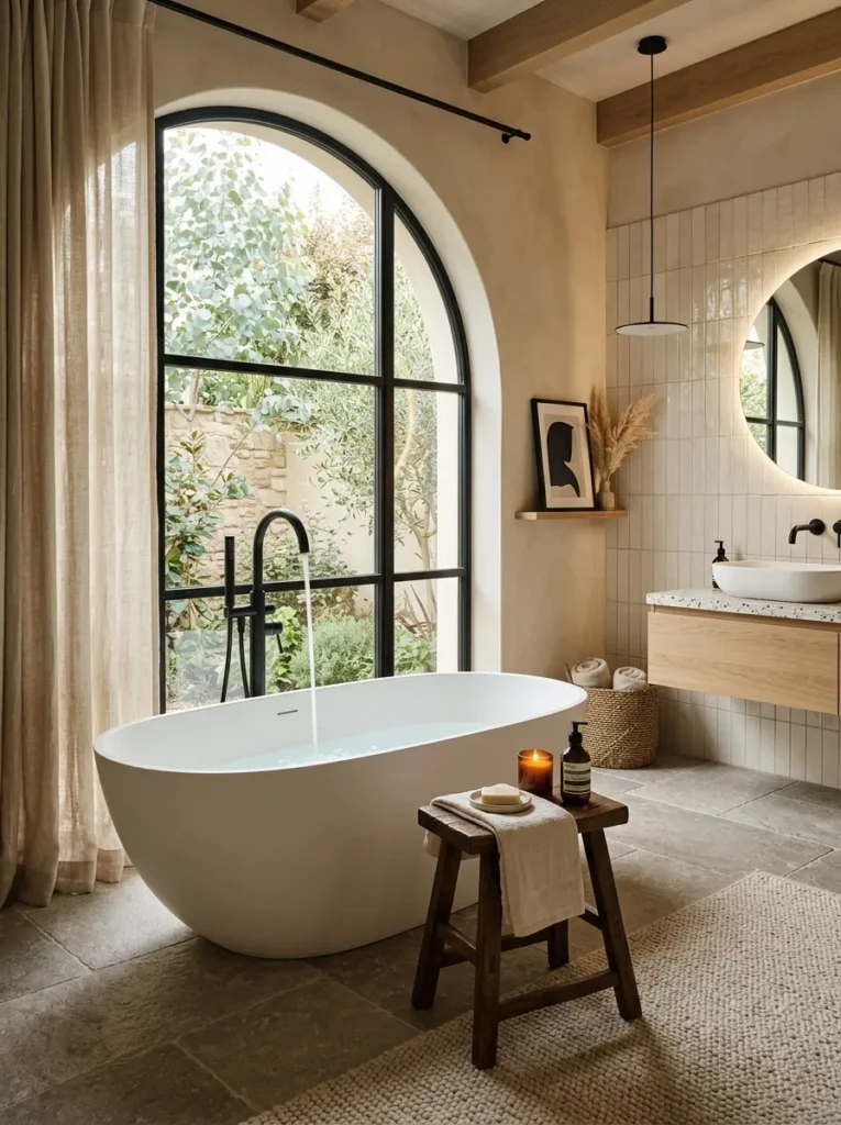 Contemporary oval soaking tub with matte black finishes and cozy neutral bathroom styling.